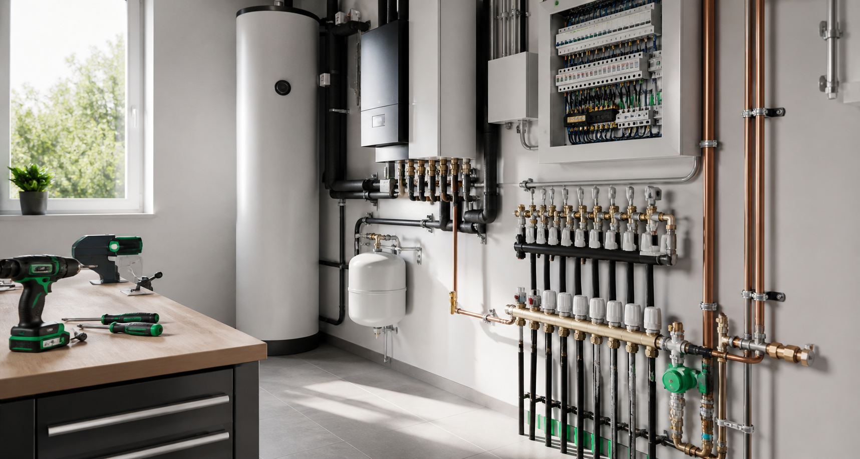 Moderner Technikraum mit Heizungs-, Sanitär- und Elektroinstallationen